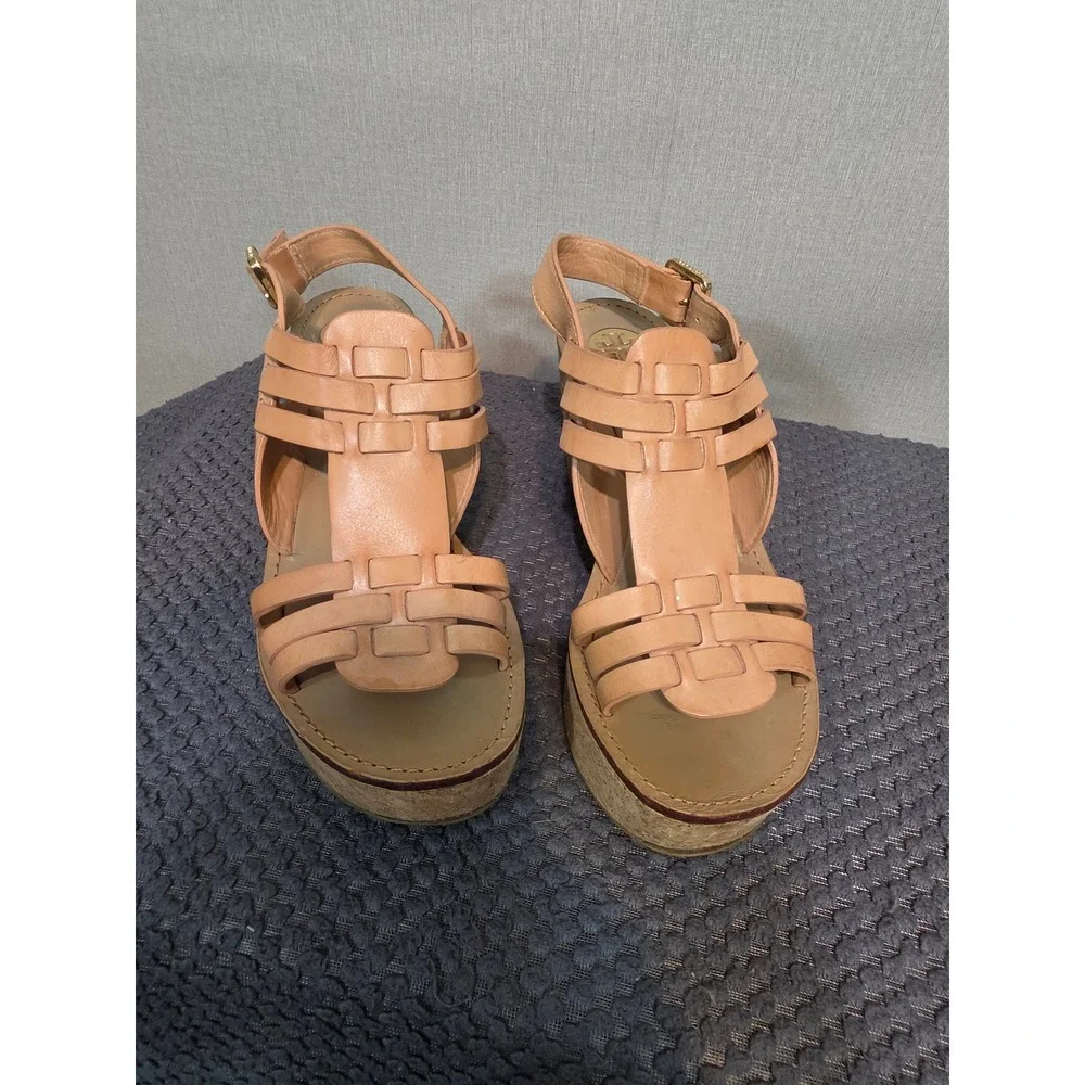 Tory Burch Tan Leather Woven Cage Cork Platform Wedge Sandals 7.5 M Brazil
